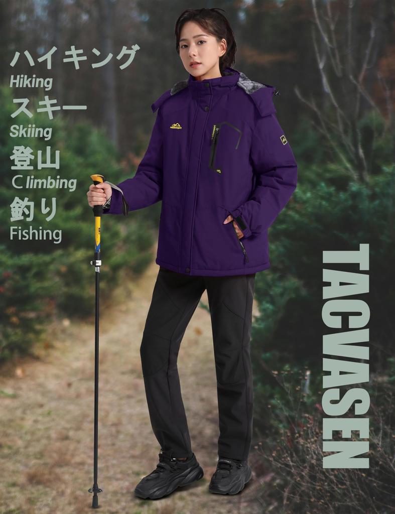 TACVASEN Casual Windproof Mountain Parka with Fleece and Winter Jacket for and Dark Size M Women's Lining, Waterproof, Hiking, Skiing, Winter, Purple,