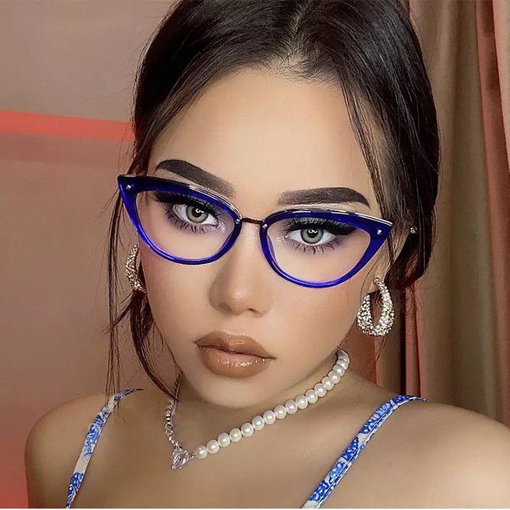 Fashion Cat Eye Anti Blue Light Glasses Frame Men Women Spring Leg Optical Computer Goggles Eyeglasses Flat Lens Trend Eyewear