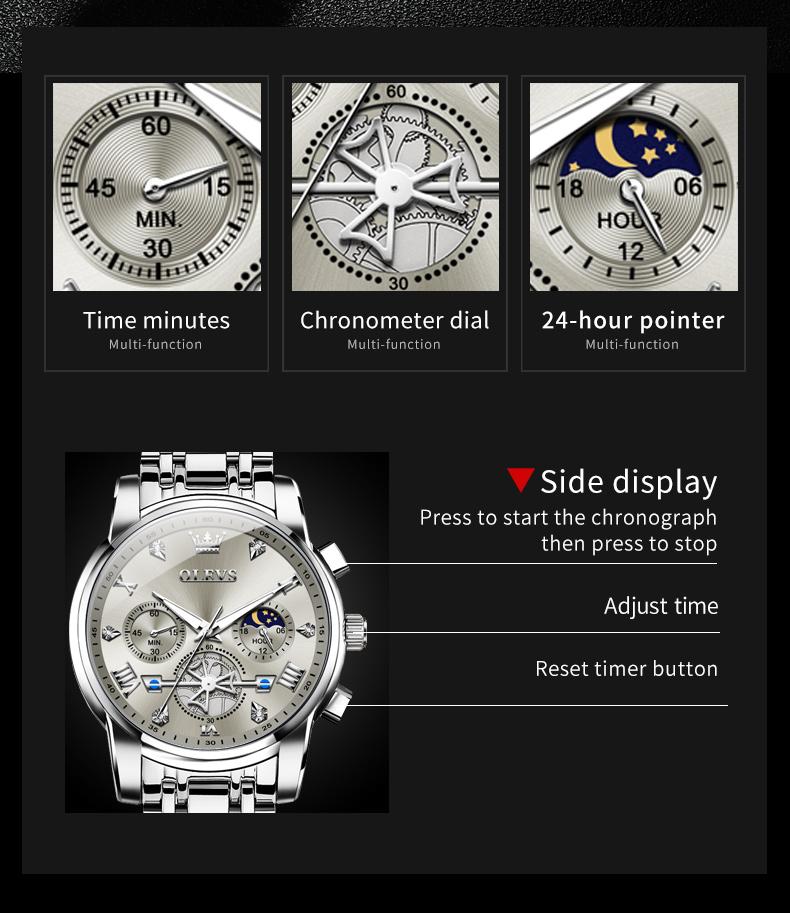 OLEVS 2856 Men's Quartz Watches Skeleton Flywheel Chronograph Classic Fashion TOP Brand Watch for Men Moon Phase Waterproof
