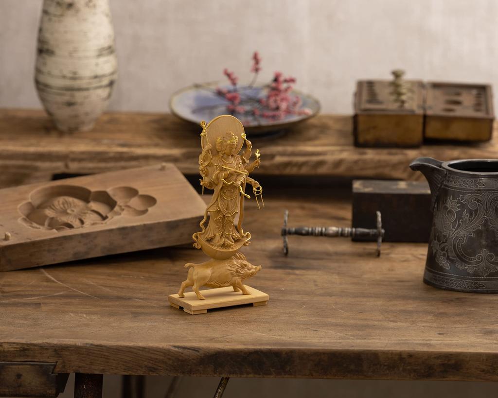 Drobná stojící socha Buddhy Marishiten, zimostráz, zlatá barva, socha, dřevořezba, ozdoba Marishin 13,5 cm (Dřevěná povrchová úprava)_Buddha (GSB