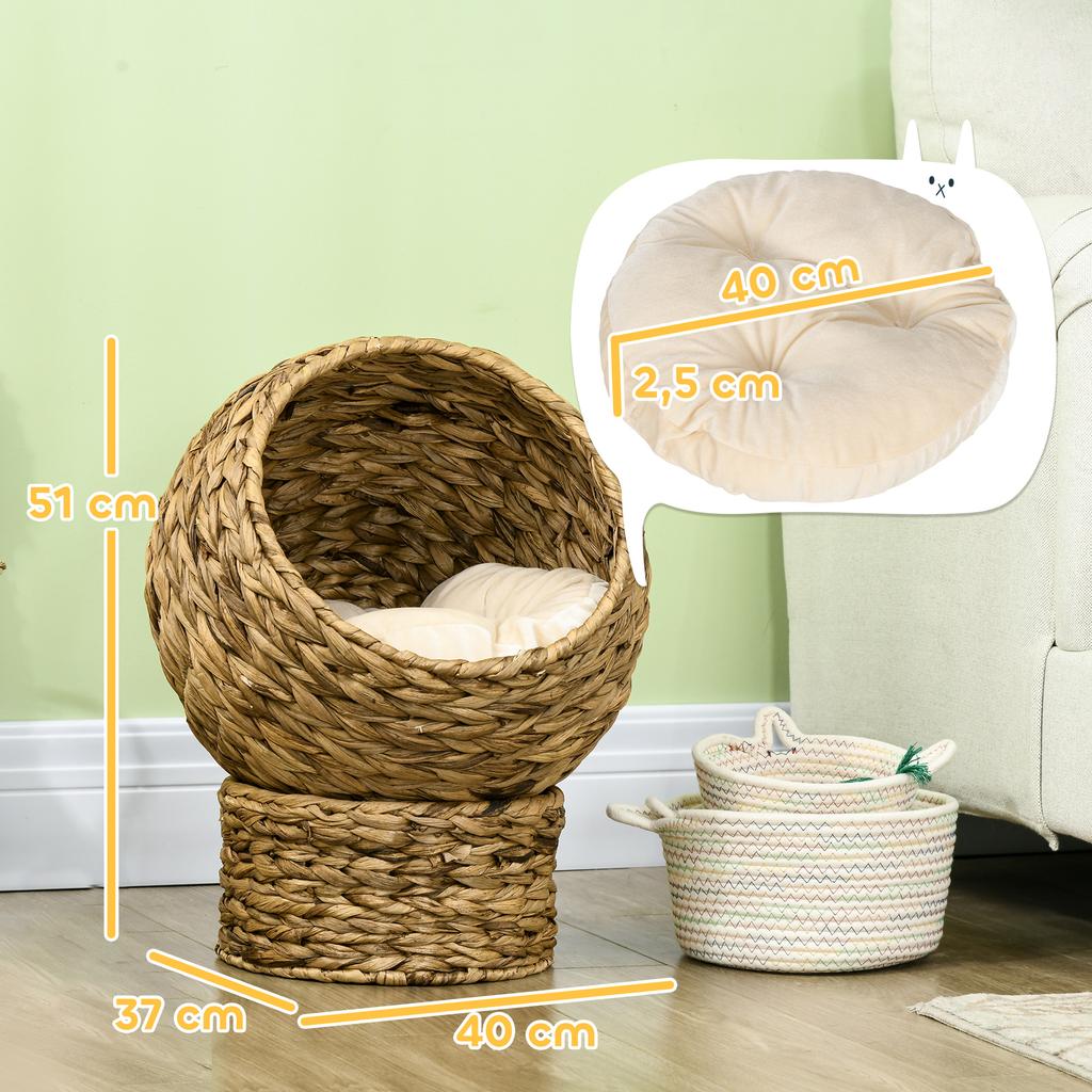 Woven Banana Leaf Elevated Cat Bed Wicker Kitten Basket Pet Den. House Cosy Cave with Soft Cushion Dome 42x33x52cm Brown