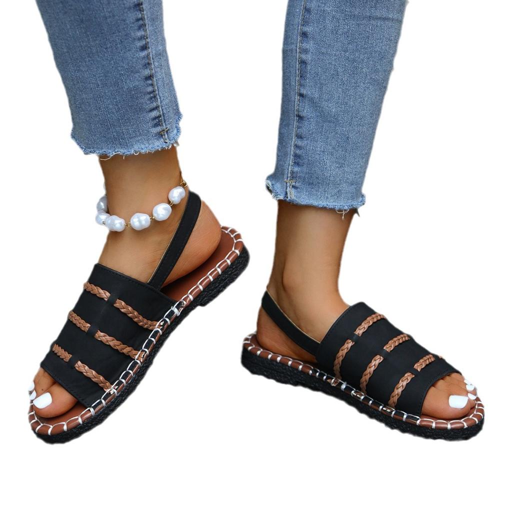 Large Size Sandals Women's New Flat-bottomed Woven Casual Outer Wear One-word Buckle Belt Comfortable Women's Sandals