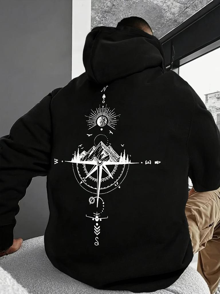 Adventure Compass Mountain Theme Kids Hip Hop Sports Hooded Sweatshirt,nature travel art graphic,comfy loose fit for casual sports outing.