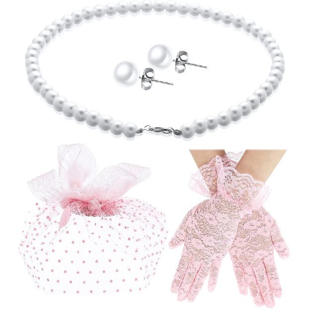 4 Pcs Tea Party Fascinator Hat Set for Women Lace Glove Pearl Set | Tea Party Accessories Outfits Headpiece Veil Lace Glove Pearl Jewerly for Wedding