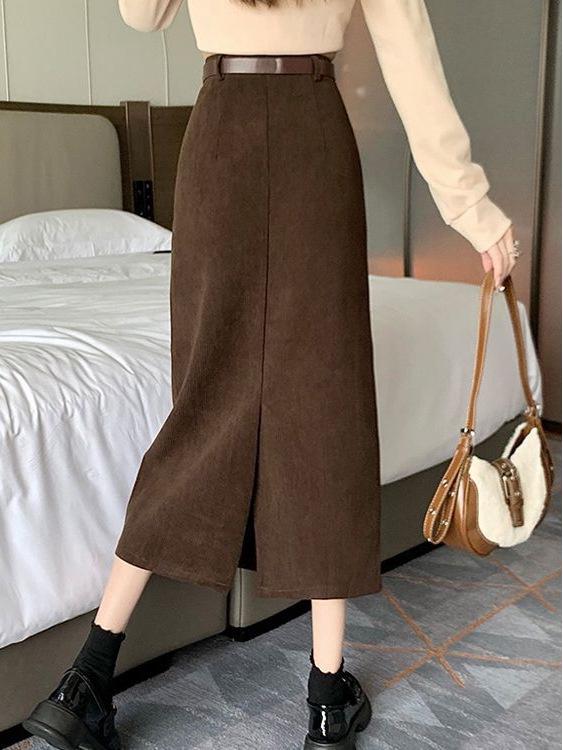 Women's High-Waist Corduroy Skirt: Retro Mid-Length with Spring/Autumn Slit & Hong Kong Style Drape.