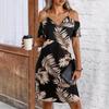 Elegant Floral V-Neck Strappy Midi Dress - Slim Fit, Short Sleeve Summer Beachwear