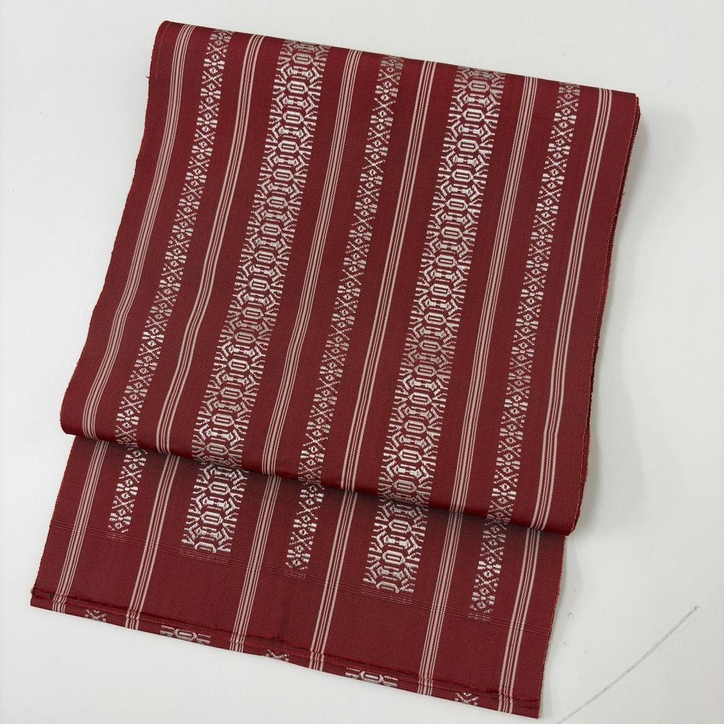 Used Authentic Chikuzen Hakata-ori Nagoya Obi, Red with Kenjo pattern, Hachisu, Kimono N-0279