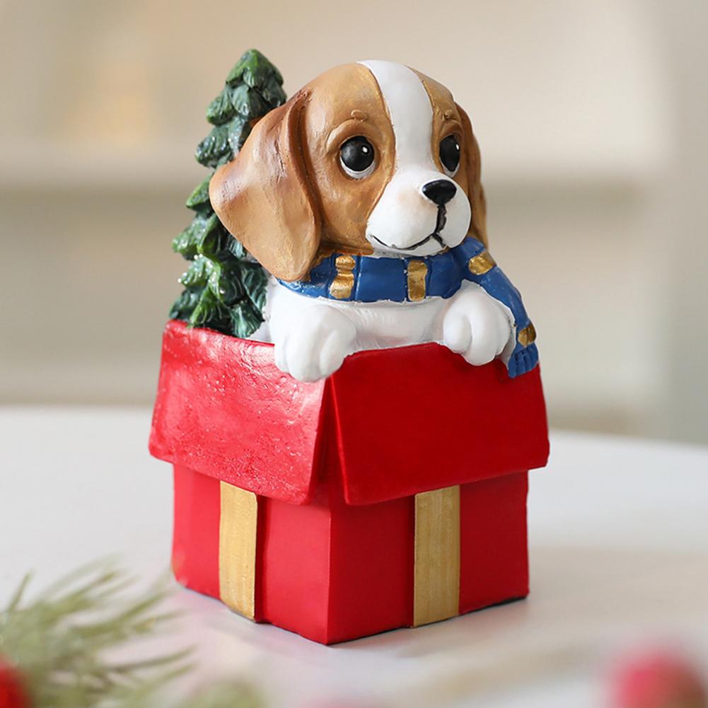 Lively Holiday Dog Statue Christmas Desktop Decor Adorable Christmas Puppy Resin Ornament for Desk Home Office Decorations