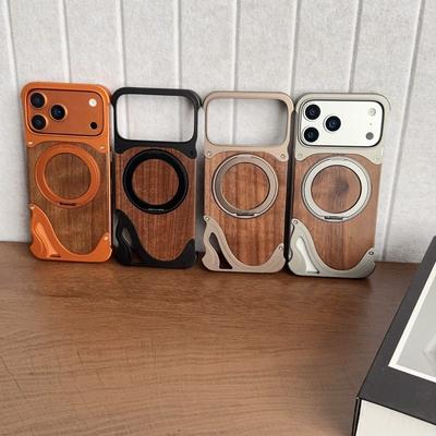 Wooden Phone Case With Rotating Stand Magnetic Shockproof IPhone 17 Pro Max 18