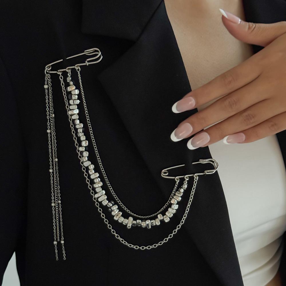 

Hip-hop Personality Stars Pendant Multi-layer Tassel Chain Double Pins Brooches for Men Women Punk Fashion Dual-purpose Jewelry