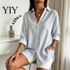 Women Collared Shirts Striped Shirt for Summer Autumn, Button Down Single Machine Washable Breasted Blouse, Dressy Casual Long Sleeve Top Breathable