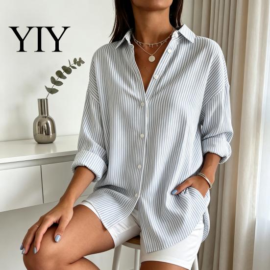 Women Collared Shirts Striped Shirt for Summer Autumn, Button Down Single Machine Washable Breasted Blouse, Dressy Casual Long Sleeve Top Breathable