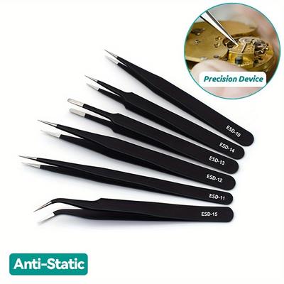 6pcs ESD Anti-Static Stainless Steel Tweezers - Precision Maintenance & Industrial Repair Curved Tools for Home Working & Model Making