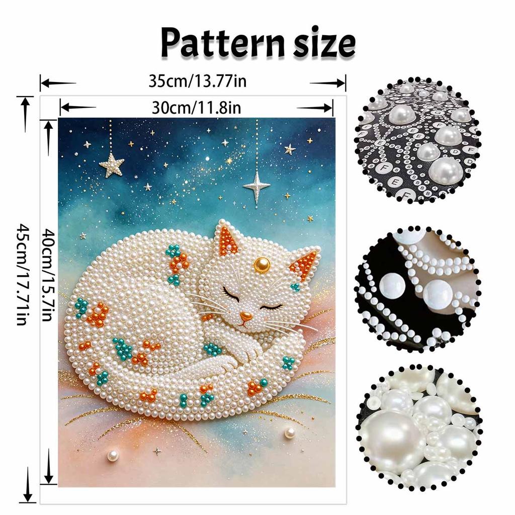 Pearl Painting DIY Kit Frameless Sleeping Cat Canvas Shiny Bead Art Creative Craft for Bedroom Living Room Decor