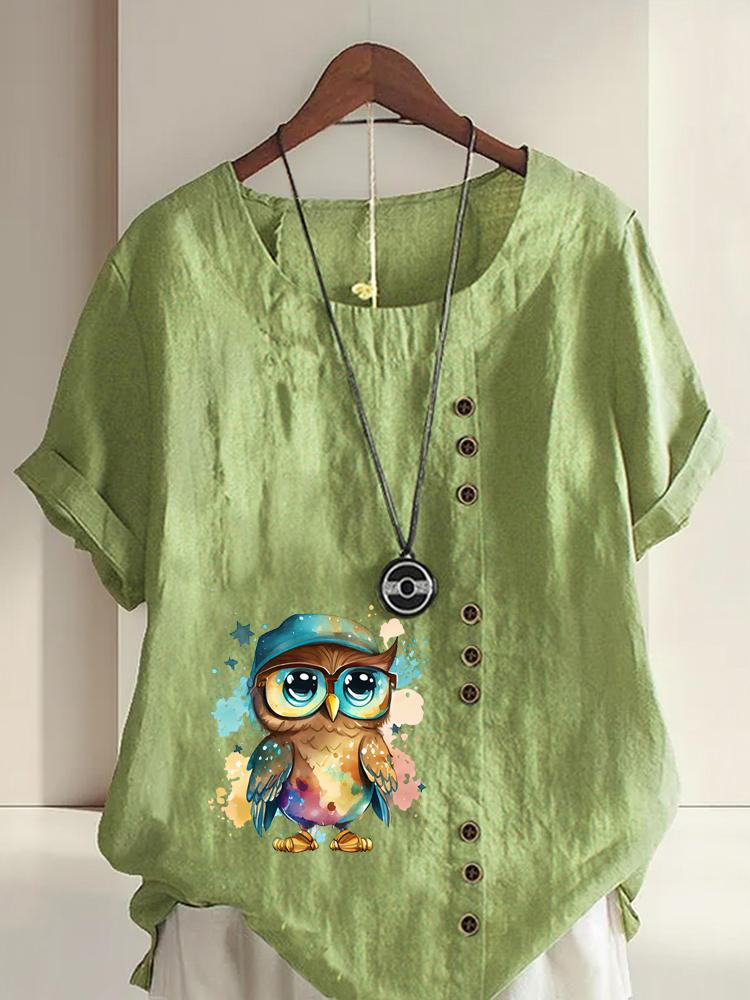 Women's Fashion Cool Owl Print Round Neck Short Sleeve T-shirt Casual Cotton Linen Graphic Shirt Leisure Loose Summer Blouse Tops