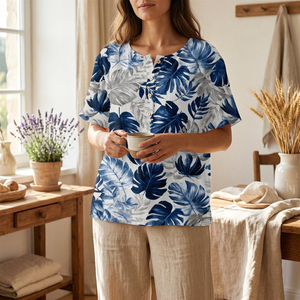 Damen Kurzarm Henley-Hemd mit Brusttasche Leichte Baumwoll-Leinen-Mischung Tropischer Print Lässiges Sommeroberteil