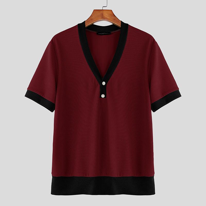 

INCERUN Мужские футболки с V-образным вырезом, коротким рукавом, с прострочкой, повседневные, свободные, в рубчик 5XL вино красного