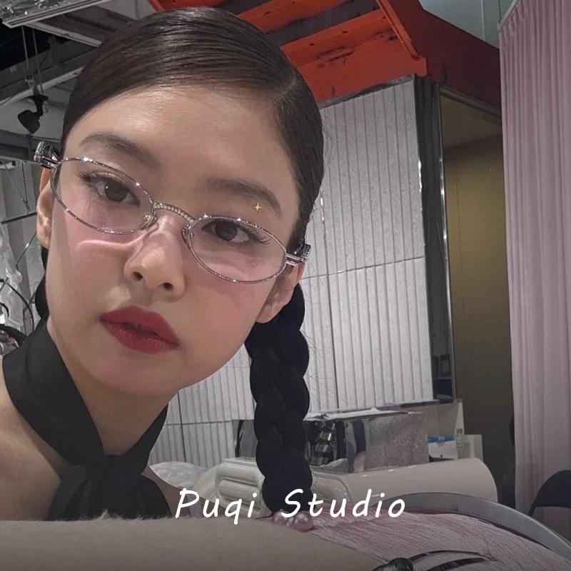 Rennes jennie retro oval frame diamond-encrusted glasses female no-makeup artifact mirror flat mirror frame tide