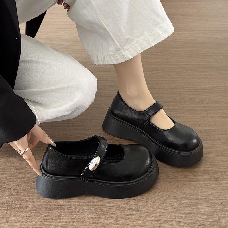 Round head thick sole Mary Jane small leather shoes women's autumn new versatile retro skirt single shoes