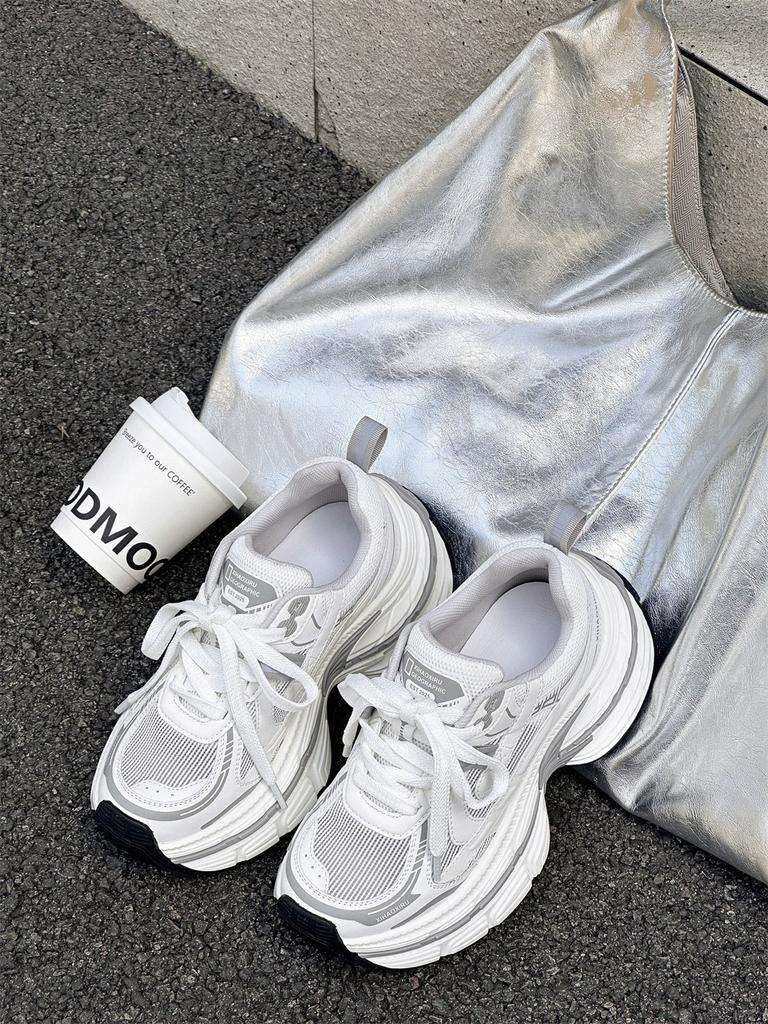 Thick-soled Paris Daddy Shoes Women's 2025 Summer New Leather Mesh Small Man Height Increase Breathable Mesh Casual Sports Shoes
