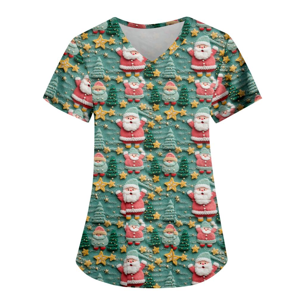 Women's Fashion Casual Christmas Print Pocket T-shirt Top