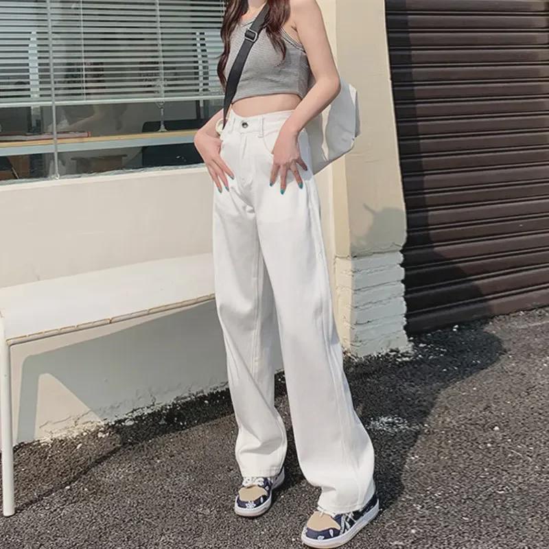 Dámské bílé džíny hruškovitého tvaru s vysokým pasem a širokými nohavicemi – ideální na jaro, léto a podzim