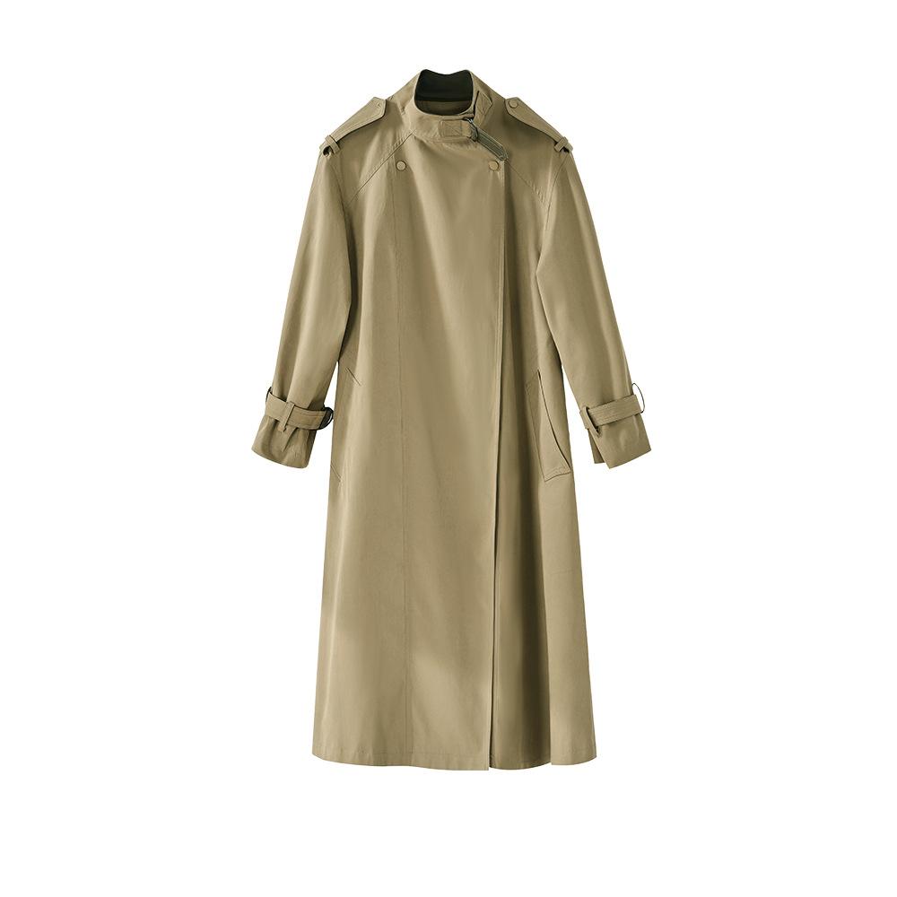 Qiuxin handsome stand-up collar, vertical and not easy to wrinkle fleece feeling, leather commuting casual medium and long trench coat 23066