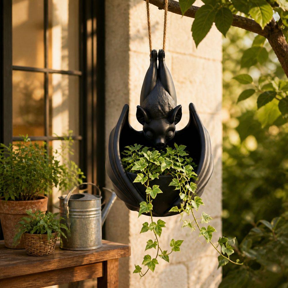 Plastic Hanging Bat Plant Pot Gothic Style Hanging Flower Pot Bat Hanging Planter Outdoor Garden