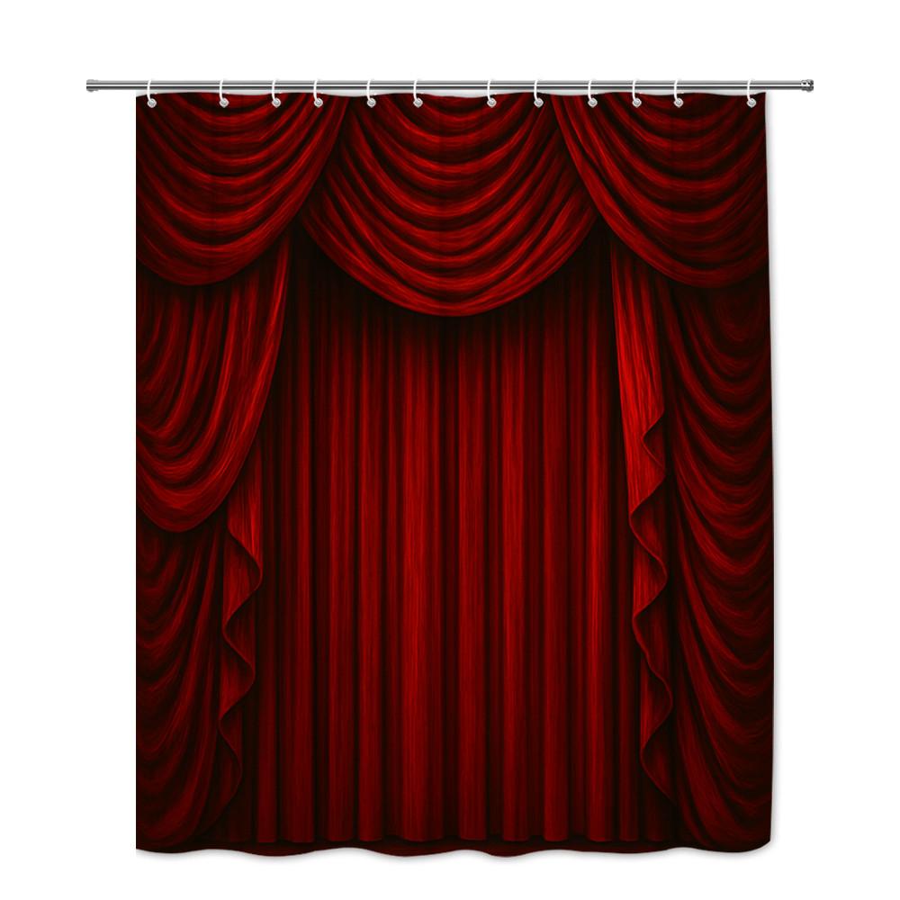 Red Velvet Theater Curtain Shower Curtain Dramatic Stage Drapes Elegant Luxury Bathroom Decor Waterproof Easy To Install