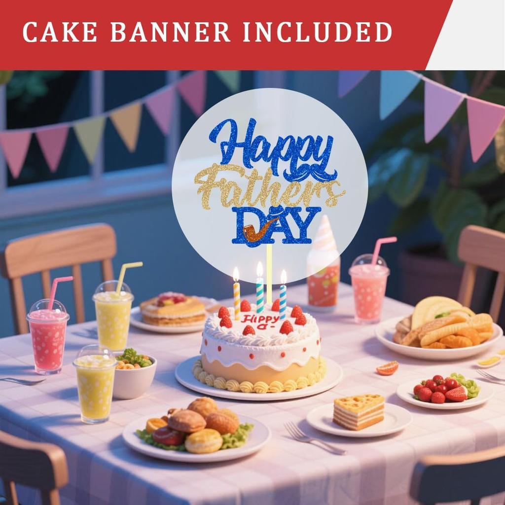 Glitter Happy Birthday Banner for Fathers Party Decoration Pre-Strung Celebration Blue Flag Cake Banner Happy Daddy Bold Letter Sign We Love Dad