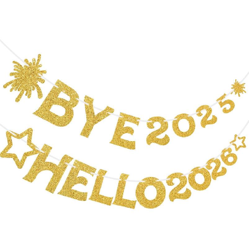 Gold Glitter Bye 2025 Hello 2026 Banner Sign Happy New Year Bunting Banner Flag Garland for New Years Eve Holiday Party Decorations Supplies