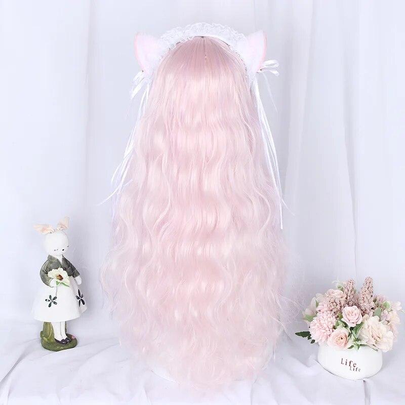 Perruque synthétique rose bouclée longue avec frange, cheveux naturels pour femmes, perruques de Cosplay mignonnes Lolita résistantes à la chaleur