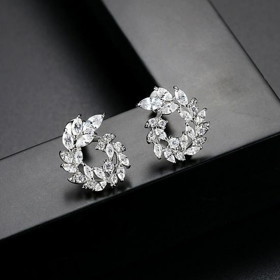 Jinse Elegant Leaf Zircon Earrings - Women's Korean Fashion Studs