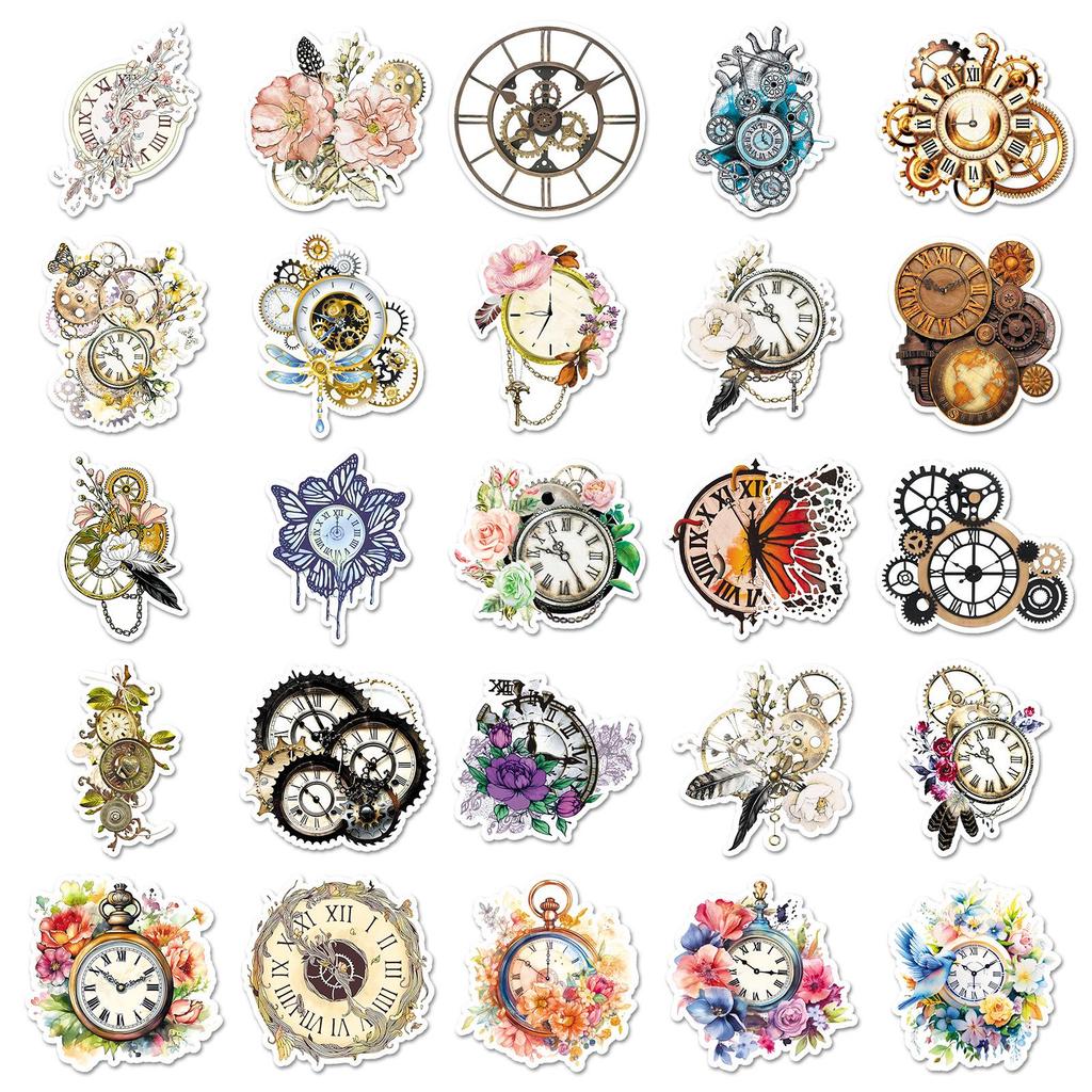 50 Retro Clock & Flower Stickers: Waterproof Decor for Journals, DIY Helmets, and Speakers