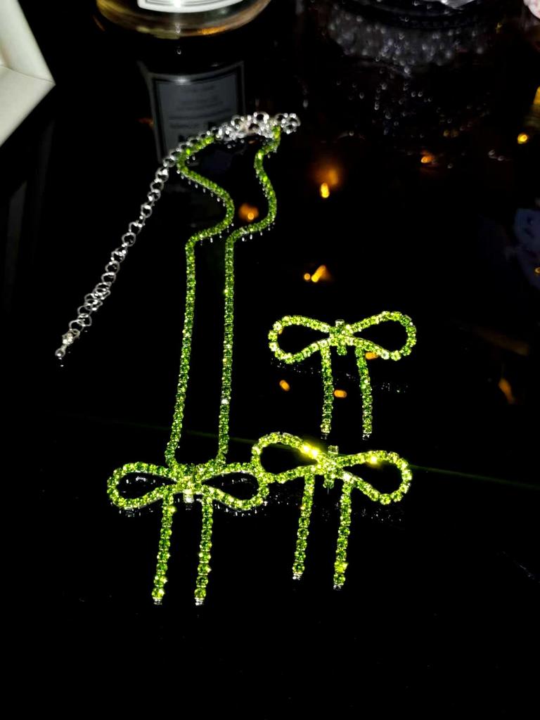 Sparkling Rhinestone Bow Necklace & Earrings Set - Two-Piece for Runway Competitions