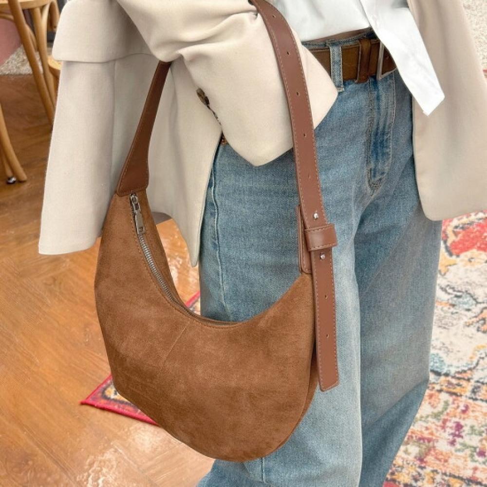 Fromheaven Men Suede Halfmoon Round Shoulder Bag