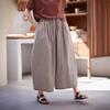 Women's Retro Artistic Cotton Wide-Leg Cropped Trousers with Elastic Waist - Casual and Slimming