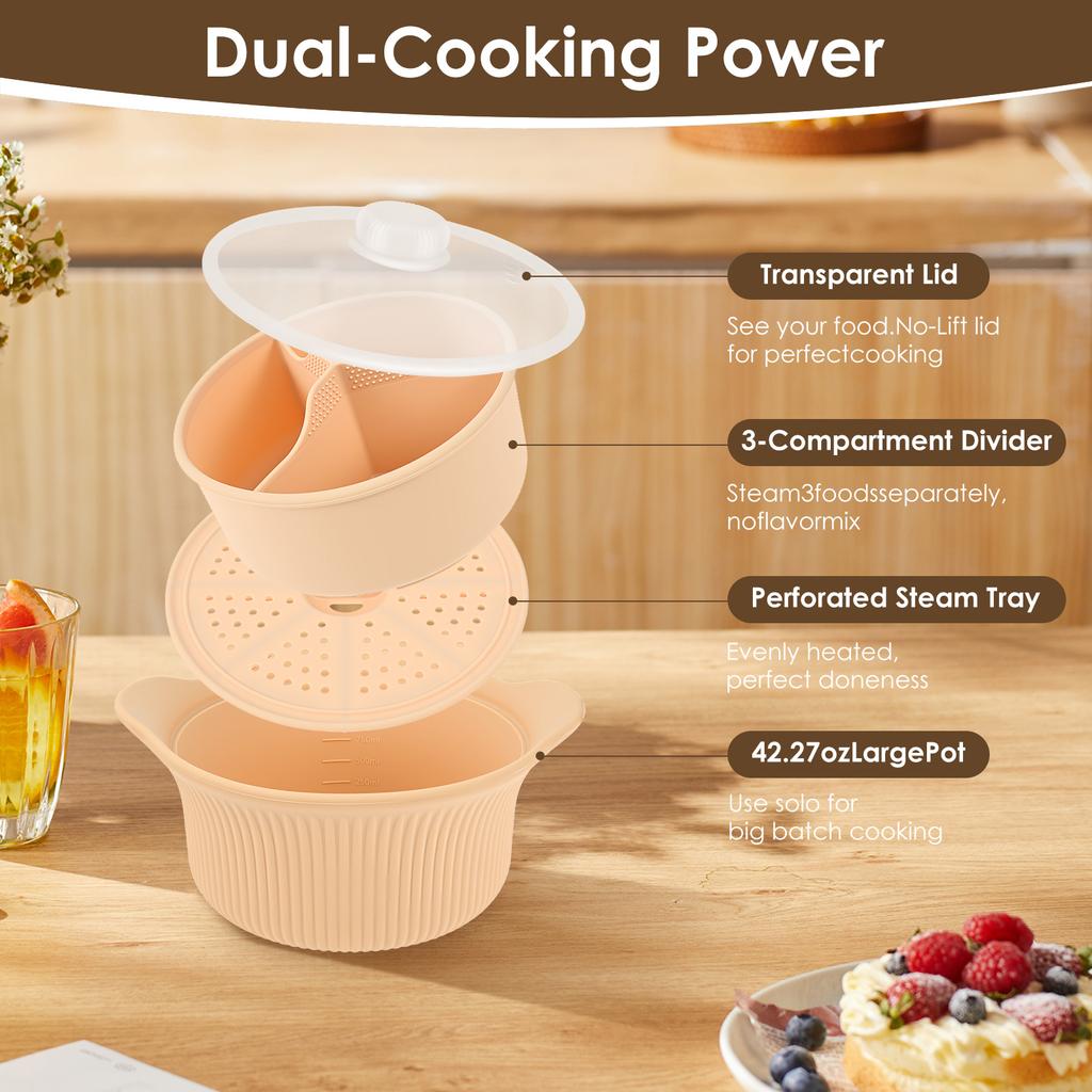 42oz Microwave Silicone Steamer 3 Compartment Microwave Pot with Handle and Lid Reusable Microwave Vegetable Steamer for Kitchen