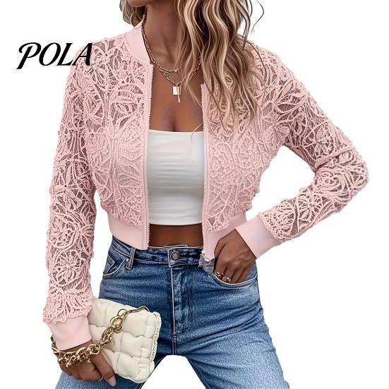 Lace Cutout Sleeves Jacket Women's Floral Jacket, Sexy See Through Long Lightweight Women Sleeve Crop Coat, Zip-Up Sheer Outerwear Spring for
