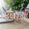 Ins Glass Straw Milk/Breakfast/Dessert Cup with Lid & Spoon - Cute Print Gift