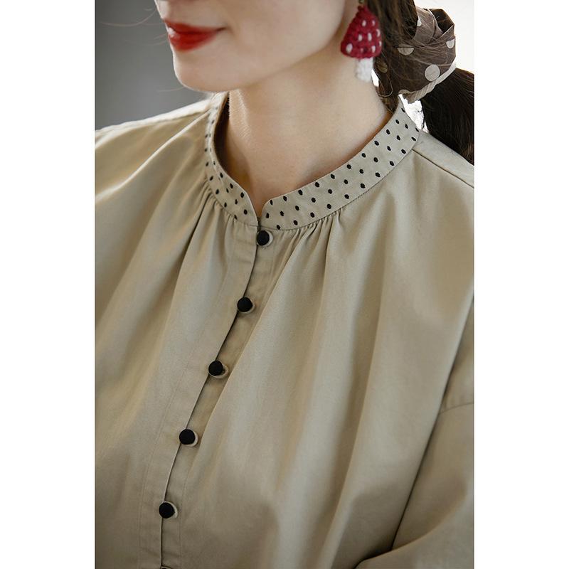 Original Women's Retro Green Hemp Stand-up Collar Embroidered Casual Shirt - New Chinese Style