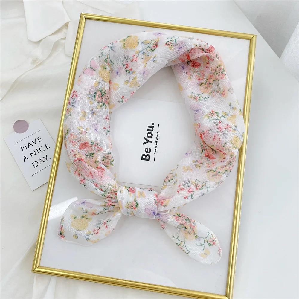 Floral Print Neckerchief Small Hijab Scarfs Women Fashion Handkerchief Neck Scarf Shawls Cotton Blends Korean Hair Scarves 58CM