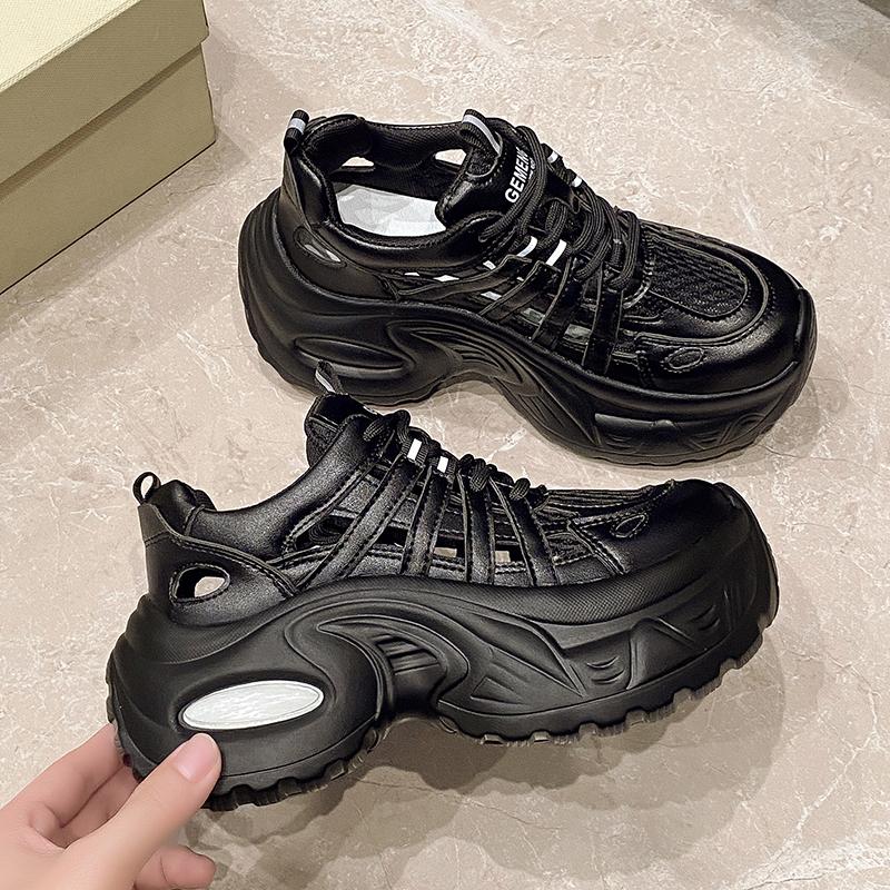 Fashion 7.5CM Breathable Hollow Leather Women Sandals Vulcanized Mesh Chunky Shoes Platform Shoes High Heels Casual Summer Sneakers
