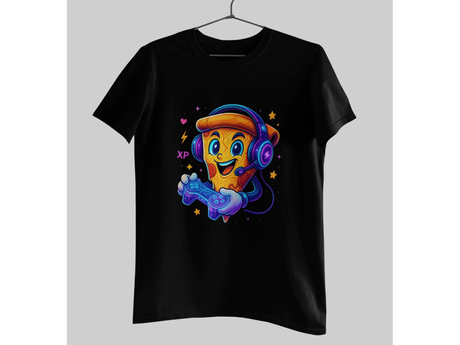 Gamer Pizza T-Shirt Cute Gaming Pizza Cartoon Tee 100% Softstyle Cotton Headset XL