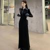 Women's Patchwork Polo Collar Knit Dress Autumn Winter Long Sleeve Slim Fit A-Line Maxi Dress