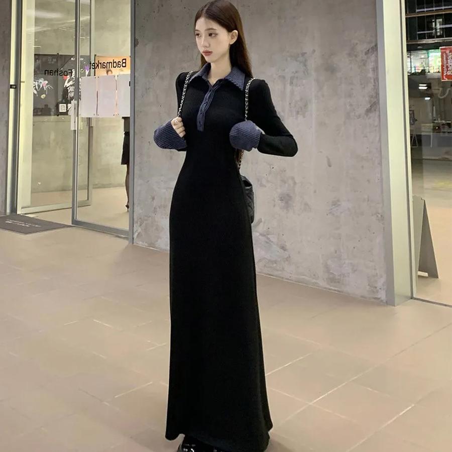 Women's Patchwork Polo Collar Knit Dress Autumn Winter Long Sleeve Slim Fit A-Line Maxi Dress