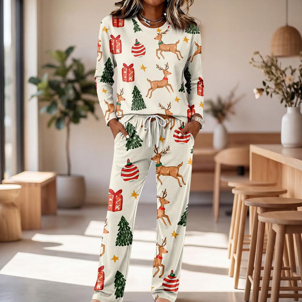 Casual Pajama Set with Long Sleeve Round Neck Top and Wide Leg Pants for Sleep and