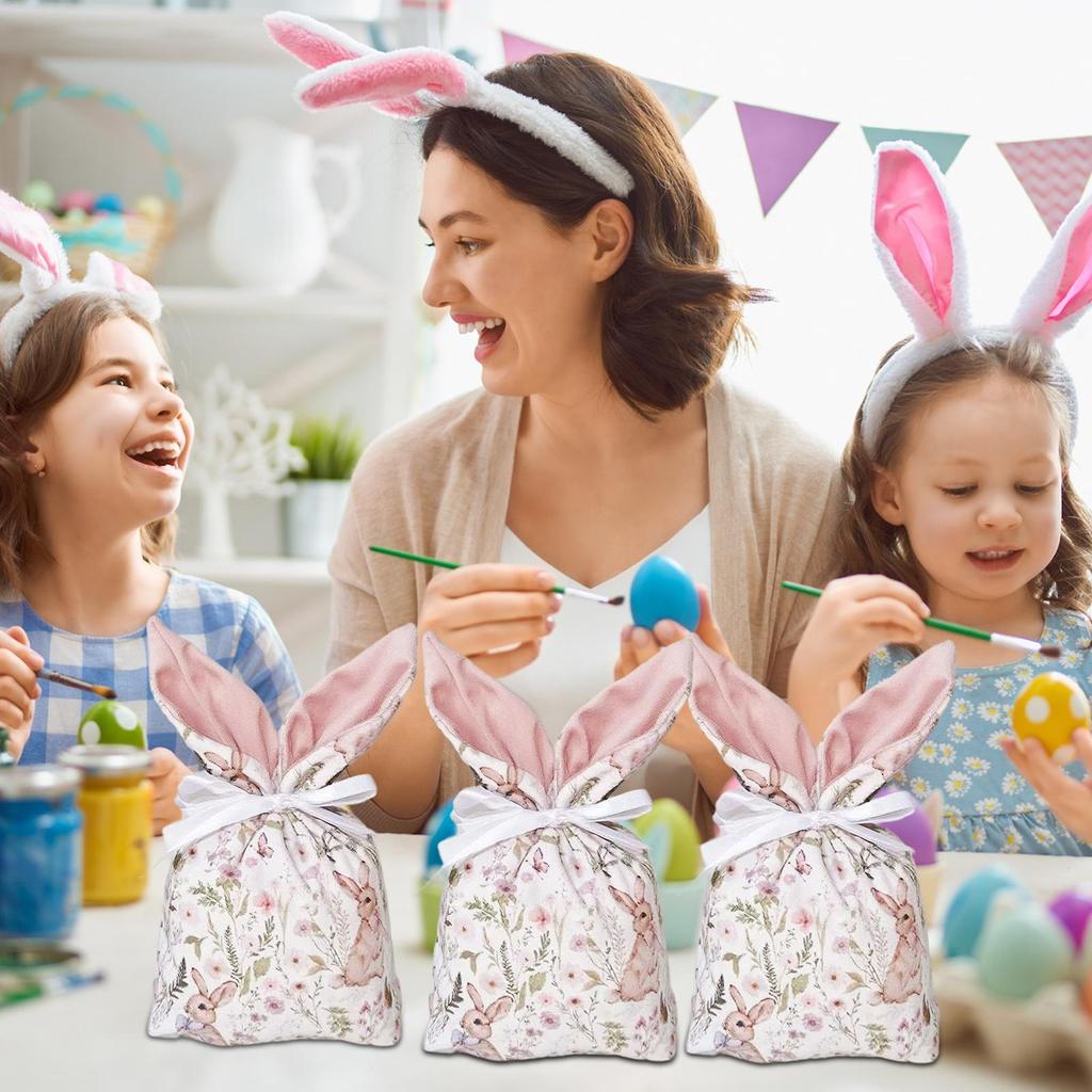 Easter Candy Bags 10 Pieces Bunny Ear Drawstring Treat Bags Goody Favor Bags for Party Holiday Birthday Easter Egg Hunt Supplies
