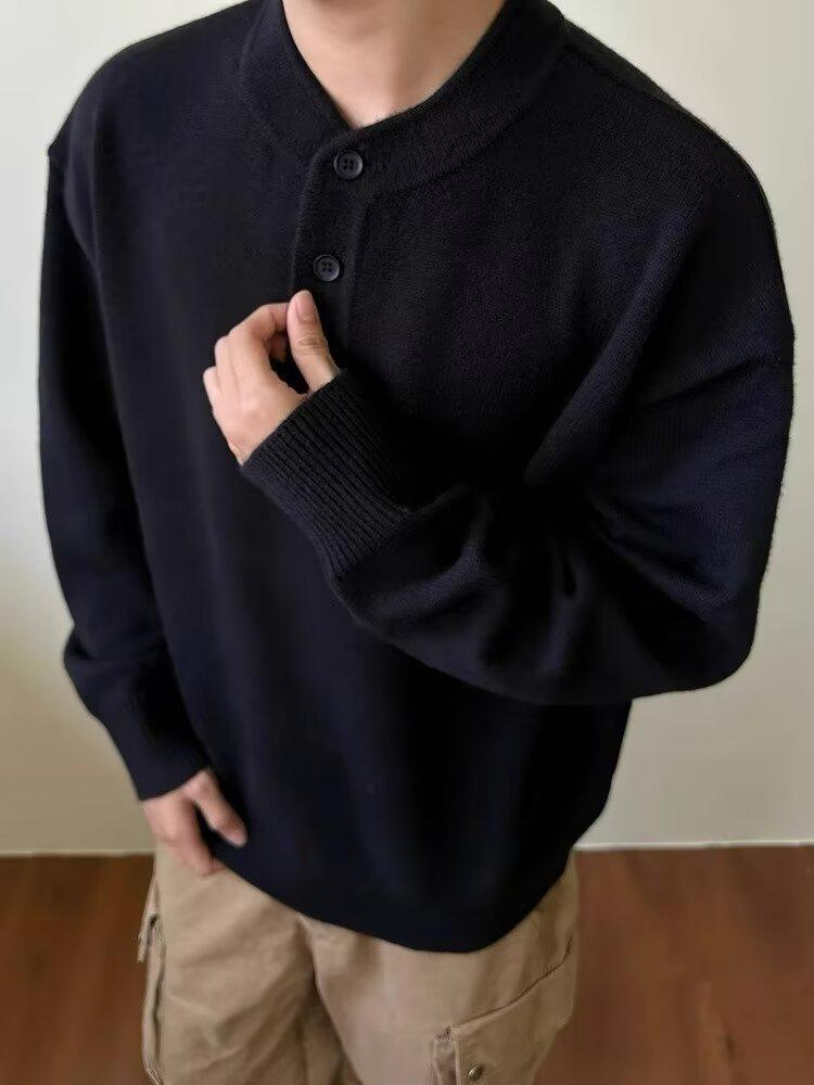 Grauer Henley-Kragen Pullover für Herren: Hochwertige Strickwaren für Frühling/Herbst, Lässiger Schnitt, Saubere Oberbekleidung.