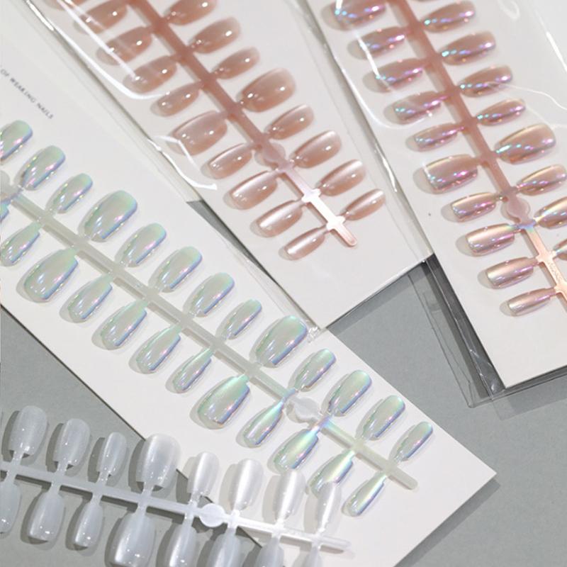 30Pcs/lot Short Press On Nails Aurora Cat Eyes Pure Ballerina Decoration Wearable False Nails Full Cover Nail Tips Art